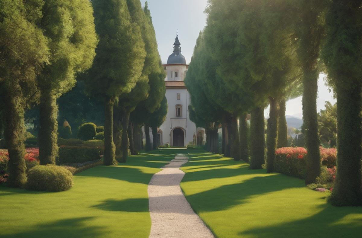 tvar trávnika a terén kostol